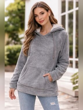 Green Tea Cozy Faux-Fur Lined Hoodie  Women’s Large Winter Gray Pullover